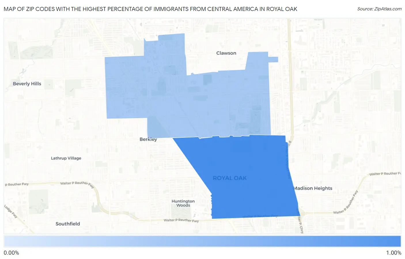 Zip Codes with the Highest Percentage of Immigrants from Central America in Royal Oak Map