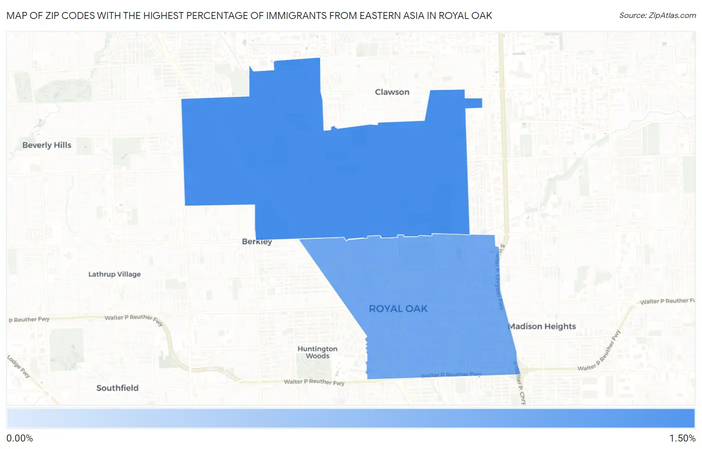 Zip Codes with the Highest Percentage of Immigrants from Eastern Asia in Royal Oak Map