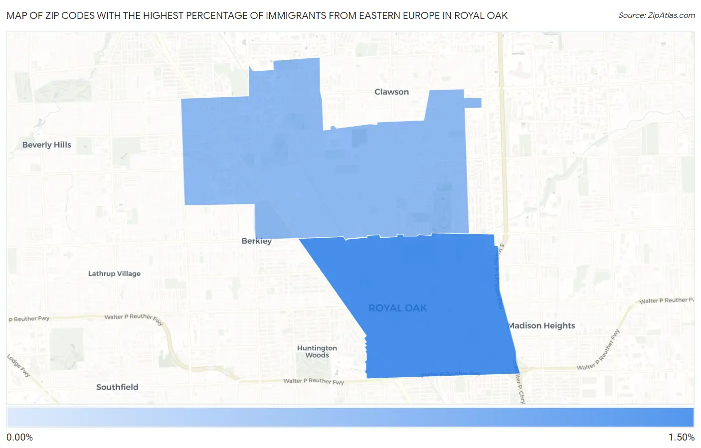 Zip Codes with the Highest Percentage of Immigrants from Eastern Europe in Royal Oak Map