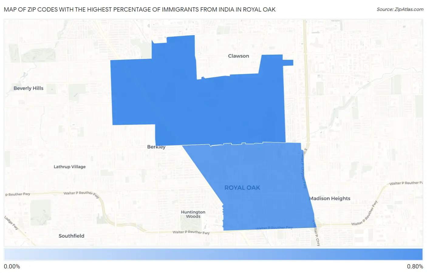 Zip Codes with the Highest Percentage of Immigrants from India in Royal Oak Map