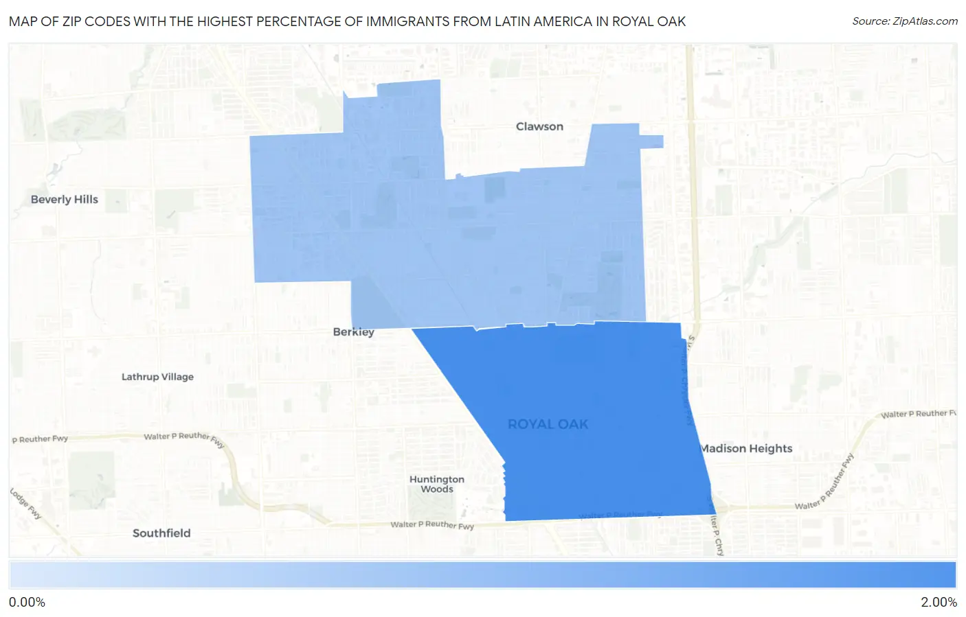 Zip Codes with the Highest Percentage of Immigrants from Latin America in Royal Oak Map