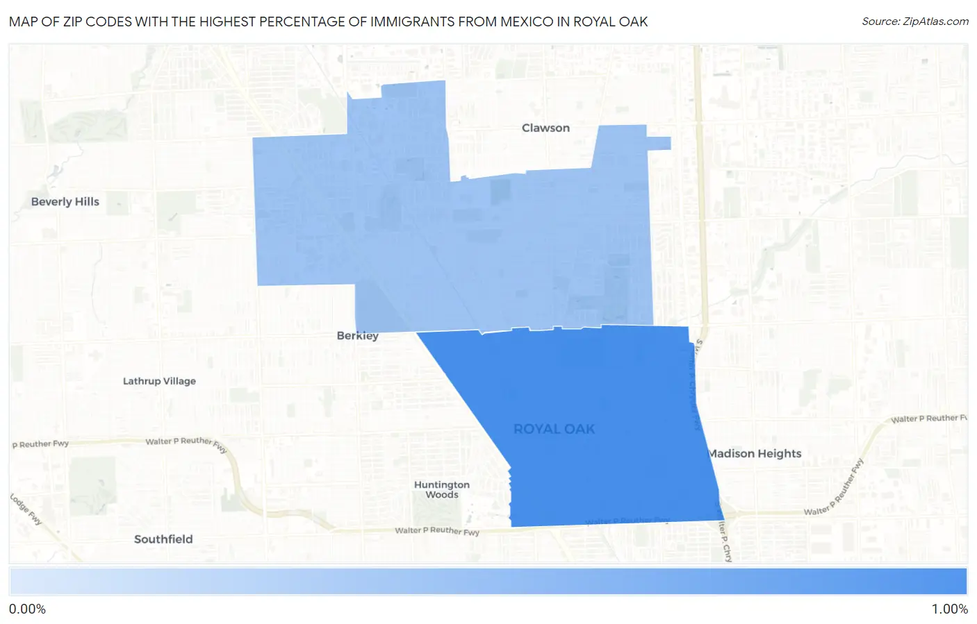 Zip Codes with the Highest Percentage of Immigrants from Mexico in Royal Oak Map