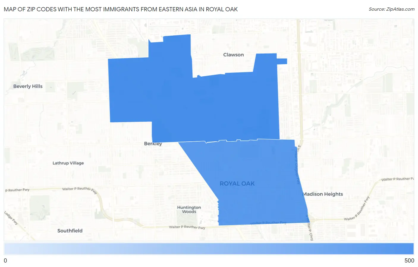 Zip Codes with the Most Immigrants from Eastern Asia in Royal Oak Map