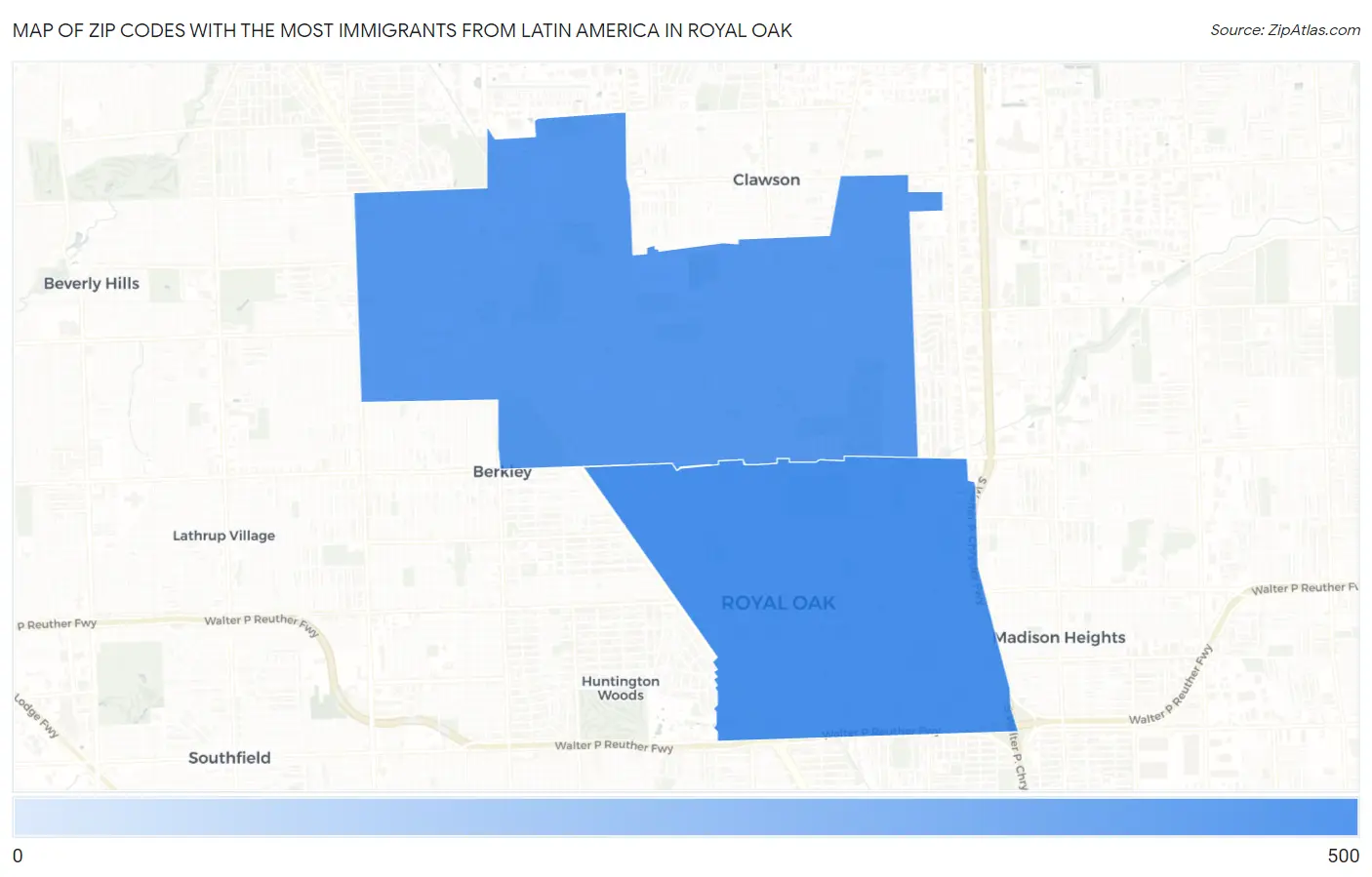 Zip Codes with the Most Immigrants from Latin America in Royal Oak Map