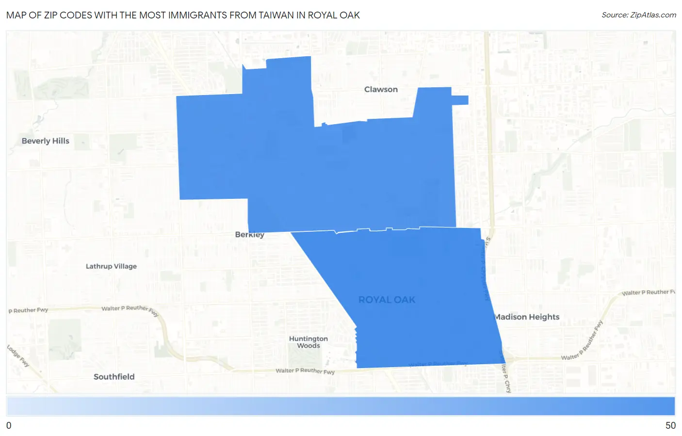 Zip Codes with the Most Immigrants from Taiwan in Royal Oak Map