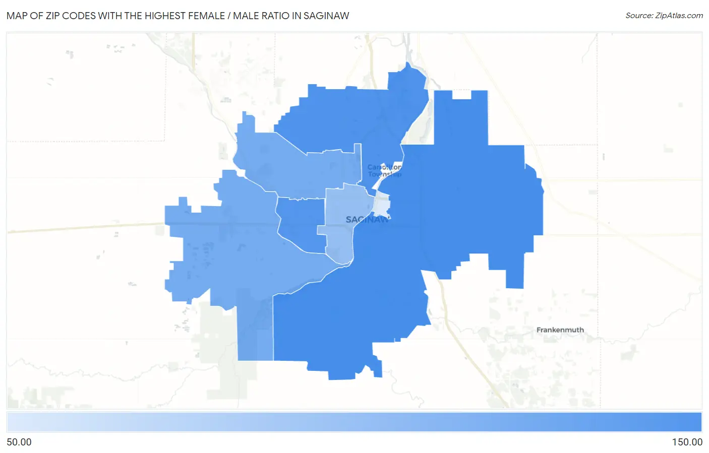 Zip Codes with the Highest Female / Male Ratio in Saginaw Map