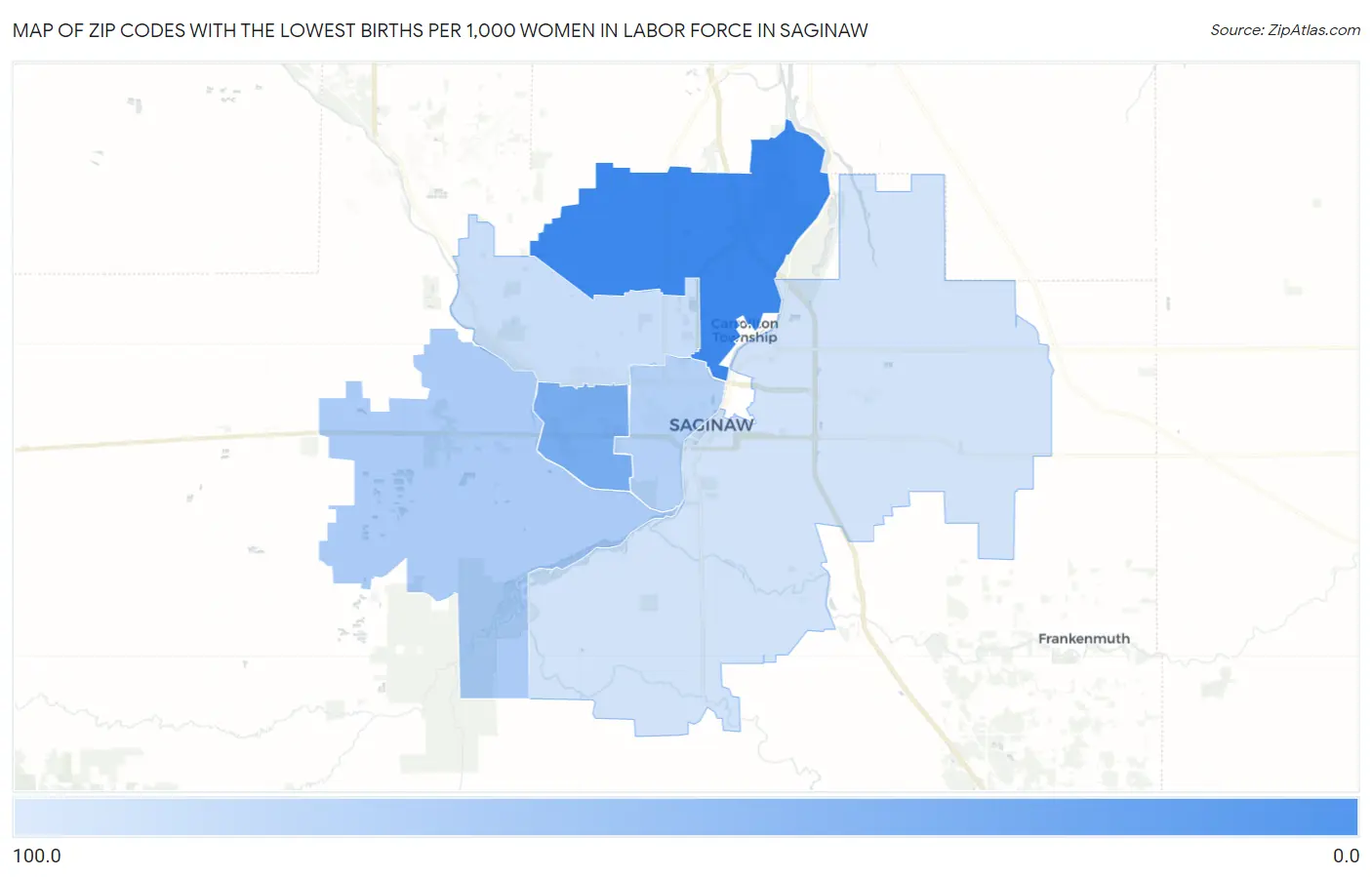 Zip Codes with the Lowest Births per 1,000 Women in Labor Force in Saginaw Map