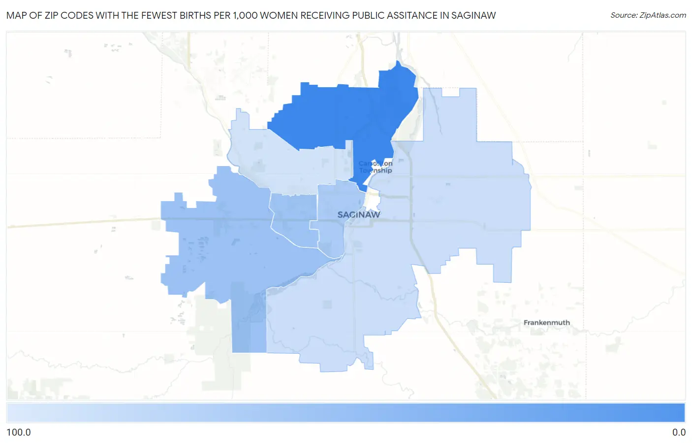 Zip Codes with the Fewest Births per 1,000 Women Receiving Public Assitance in Saginaw Map