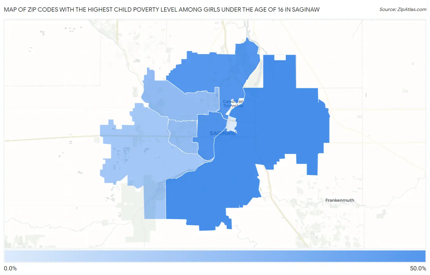 Zip Codes with the Highest Child Poverty Level Among Girls Under the Age of 16 in Saginaw Map