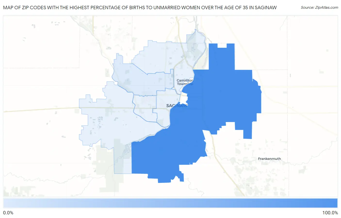 Zip Codes with the Highest Percentage of Births to Unmarried Women over the Age of 35 in Saginaw Map
