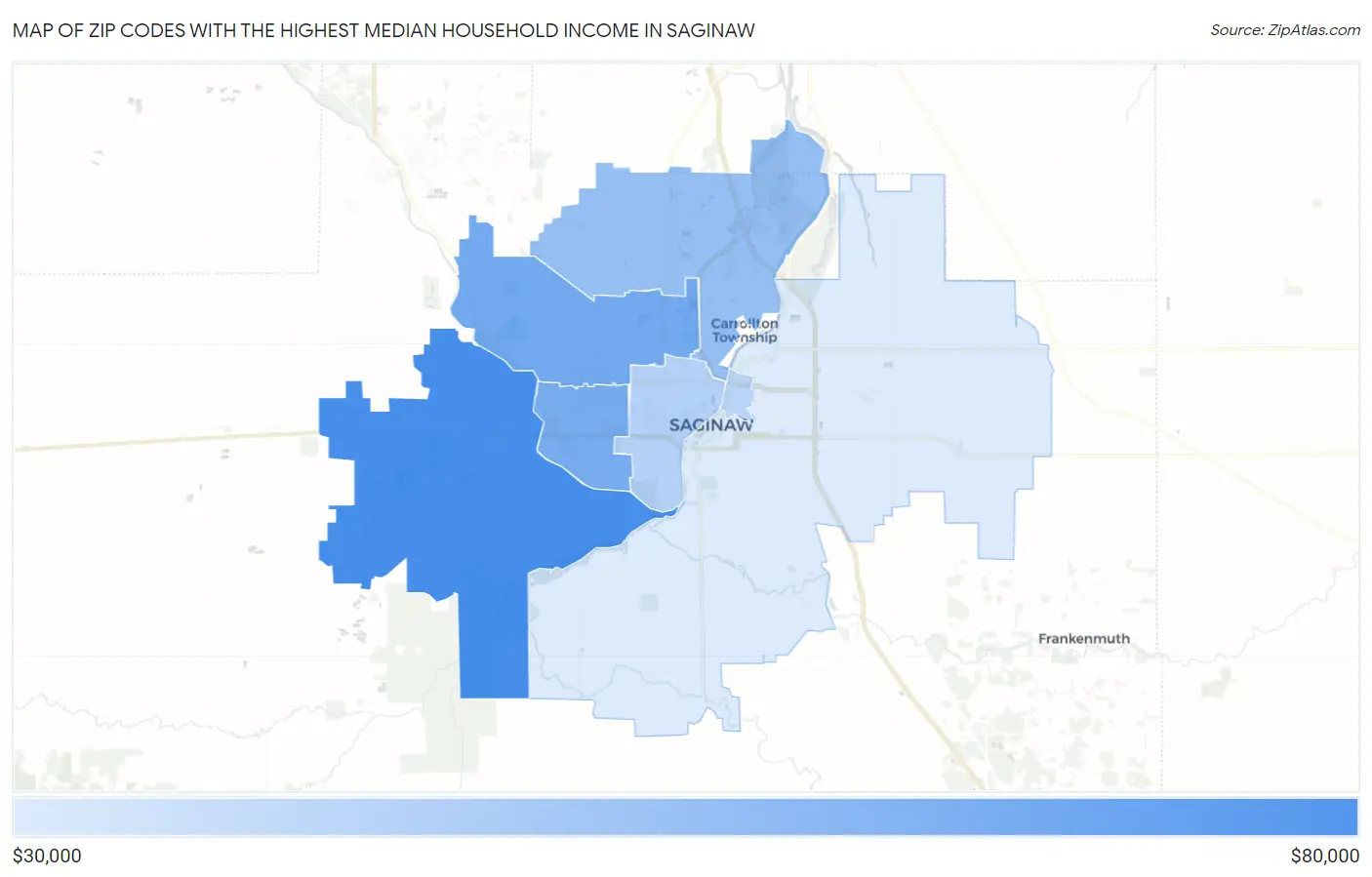 Zip Codes with the Highest Median Household Income in Saginaw Map