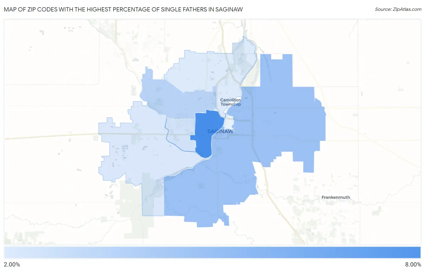 Zip Codes with the Highest Percentage of Single Fathers in Saginaw Map