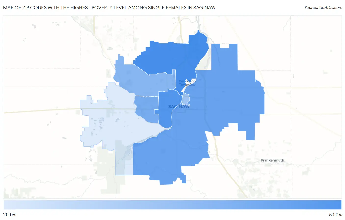 Zip Codes with the Highest Poverty Level Among Single Females in Saginaw Map