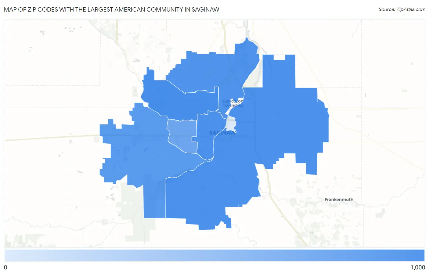 Zip Codes with the Largest American Community in Saginaw Map