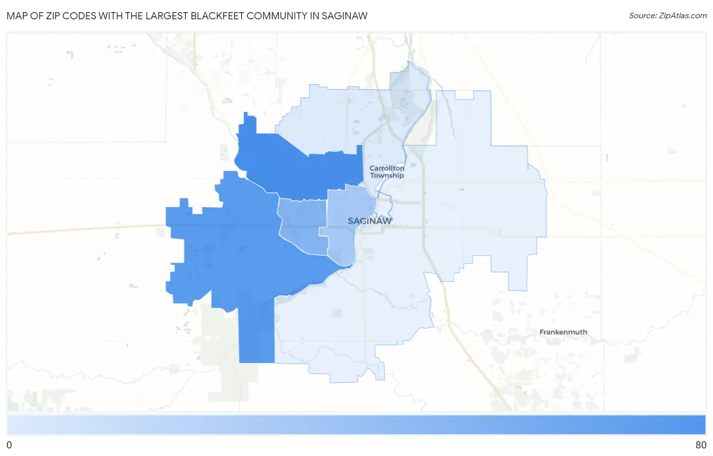 Zip Codes with the Largest Blackfeet Community in Saginaw Map