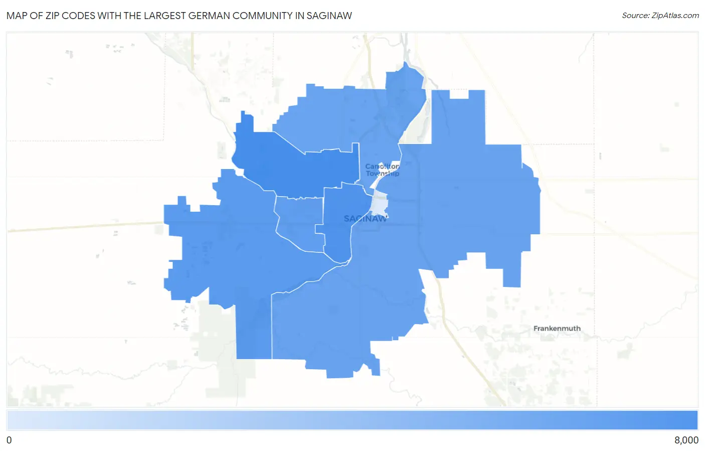 Zip Codes with the Largest German Community in Saginaw Map