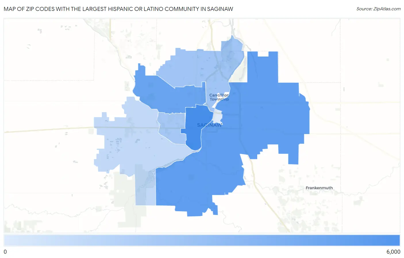 Zip Codes with the Largest Hispanic or Latino Community in Saginaw Map