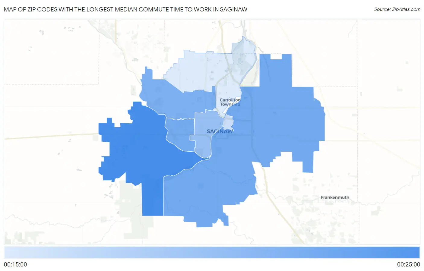 Zip Codes with the Longest Median Commute Time to Work in Saginaw Map
