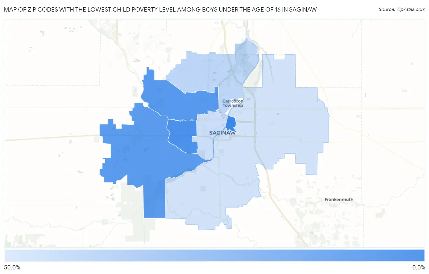 Zip Codes with the Lowest Child Poverty Level Among Boys Under the Age of 16 in Saginaw Map