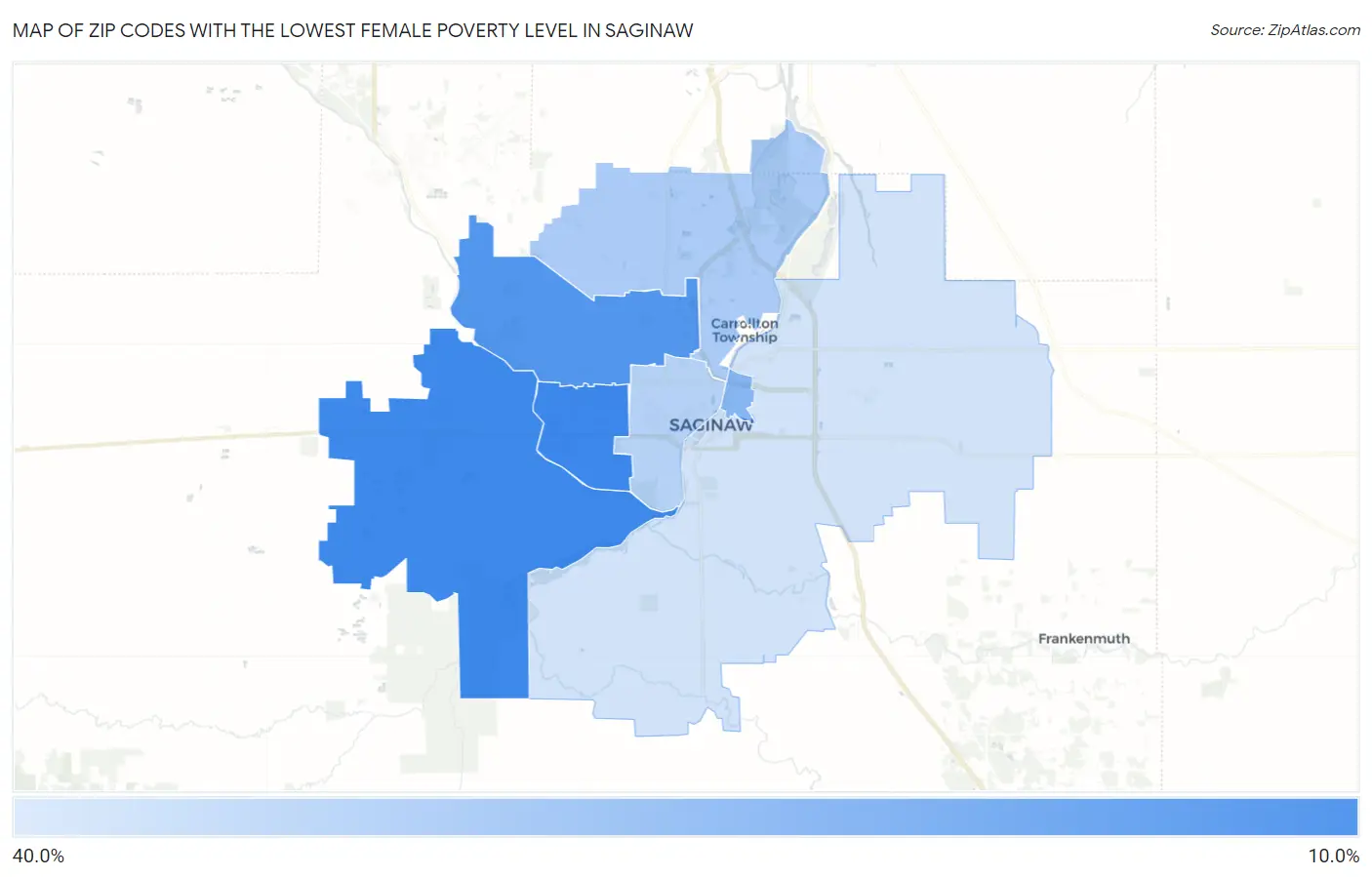 Zip Codes with the Lowest Female Poverty Level in Saginaw Map
