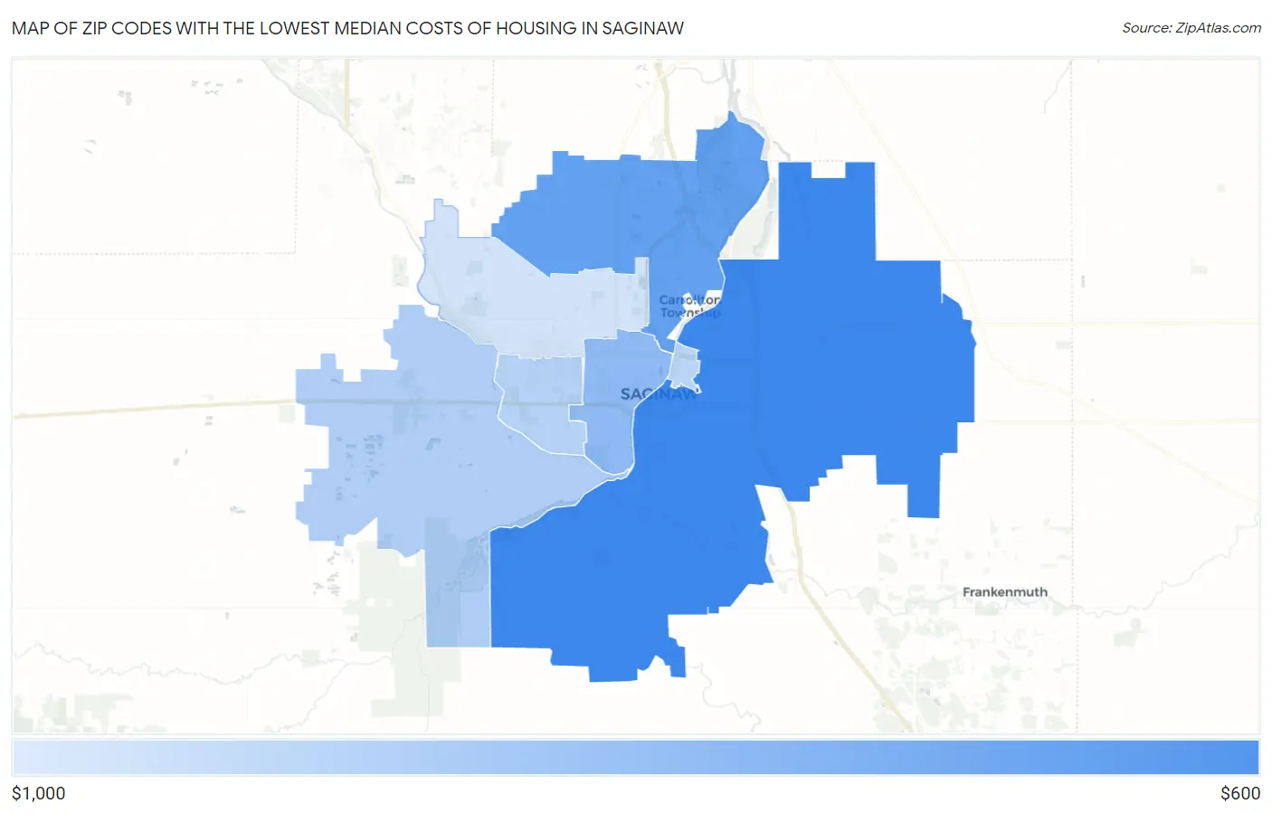 Zip Codes with the Lowest Median Costs of Housing in Saginaw Map