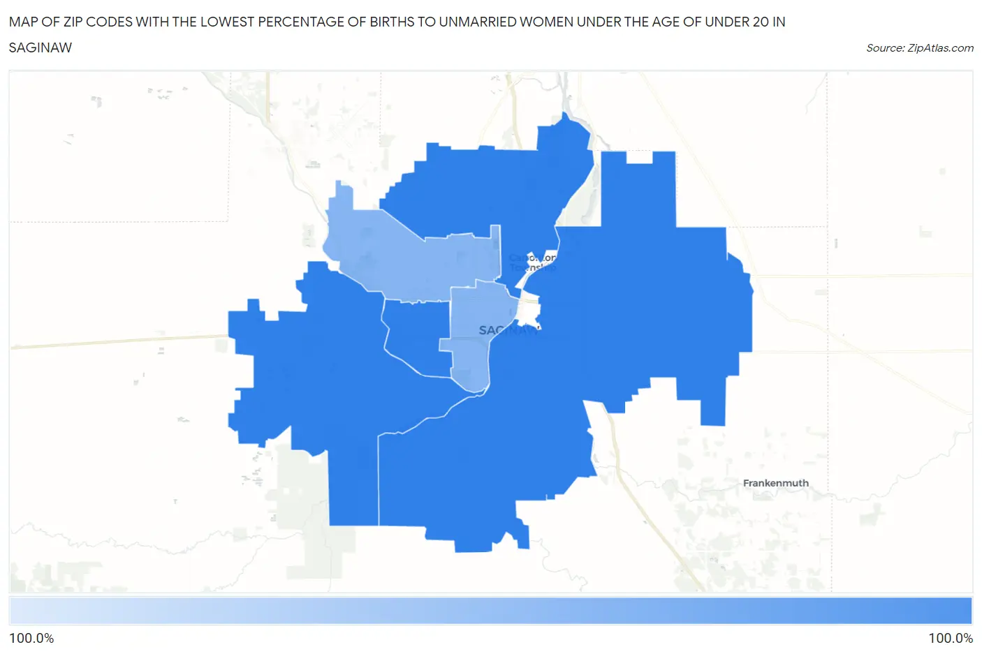 Zip Codes with the Lowest Percentage of Births to Unmarried Women under the Age of under 20 in Saginaw Map