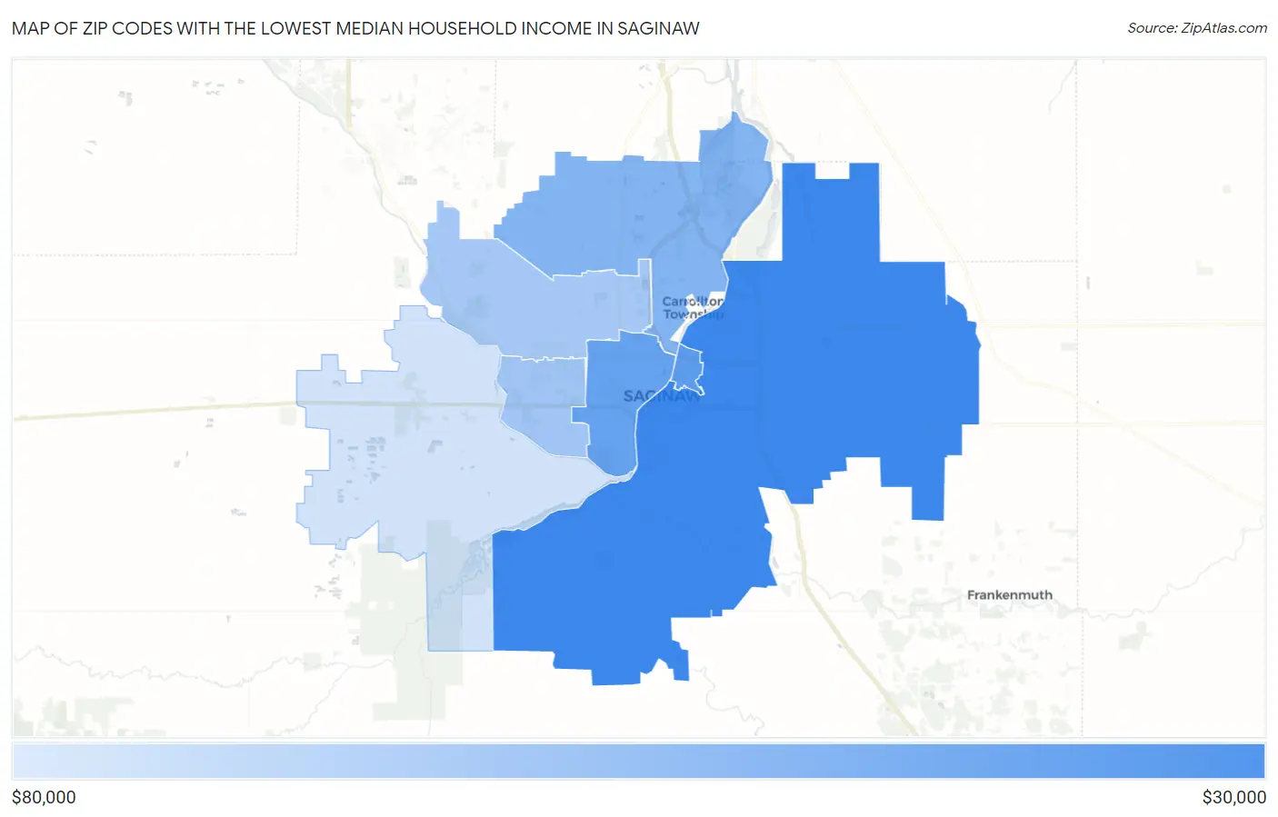 Zip Codes with the Lowest Median Household Income in Saginaw Map
