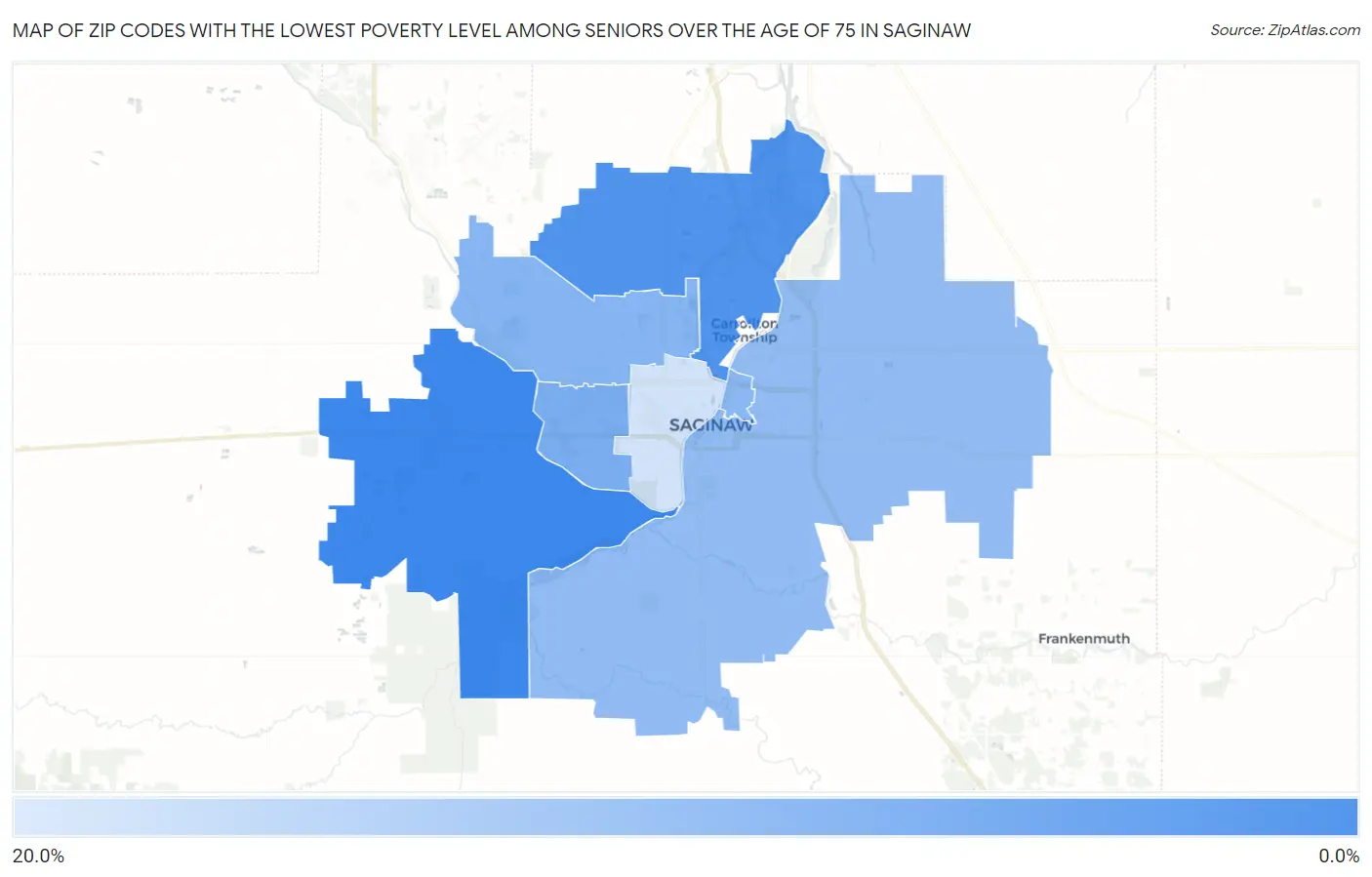 Zip Codes with the Lowest Poverty Level Among Seniors Over the Age of 75 in Saginaw Map