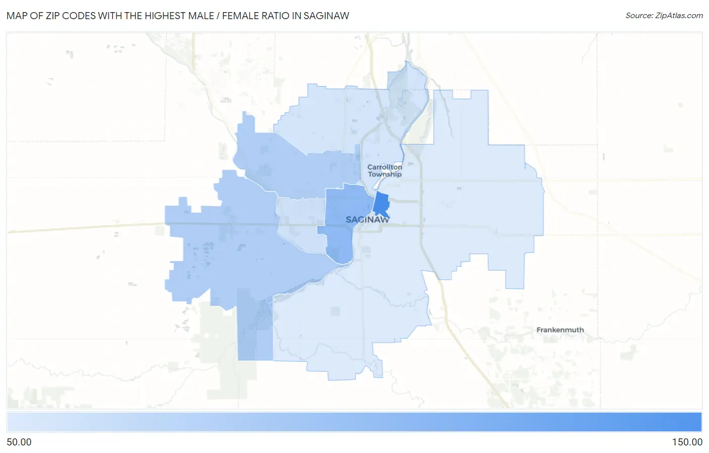 Zip Codes with the Highest Male / Female Ratio in Saginaw Map