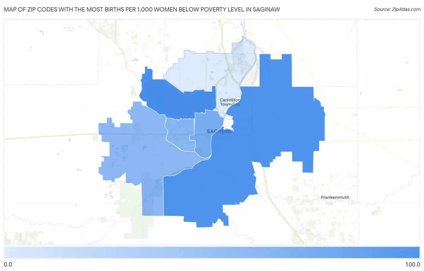 Zip Codes with the Most Births per 1,000 Women Below Poverty Level in Saginaw Map