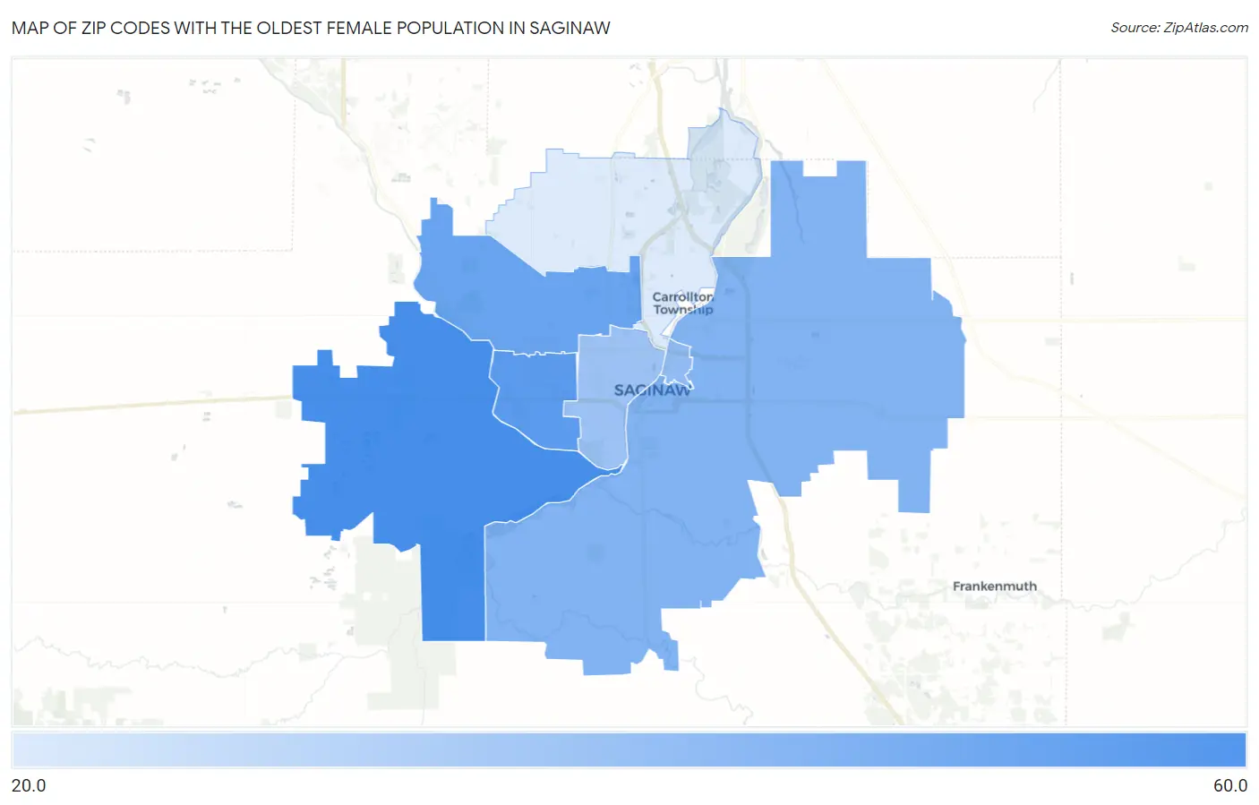 Zip Codes with the Oldest Female Population in Saginaw Map