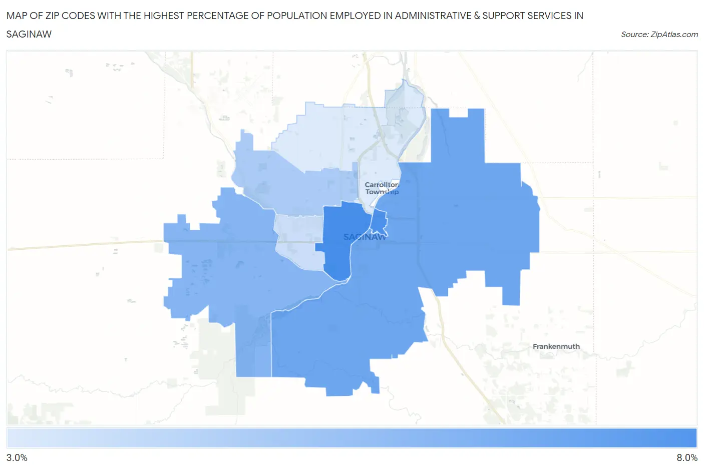 Zip Codes with the Highest Percentage of Population Employed in Administrative & Support Services in Saginaw Map