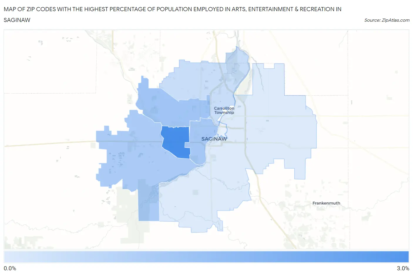 Zip Codes with the Highest Percentage of Population Employed in Arts, Entertainment & Recreation in Saginaw Map