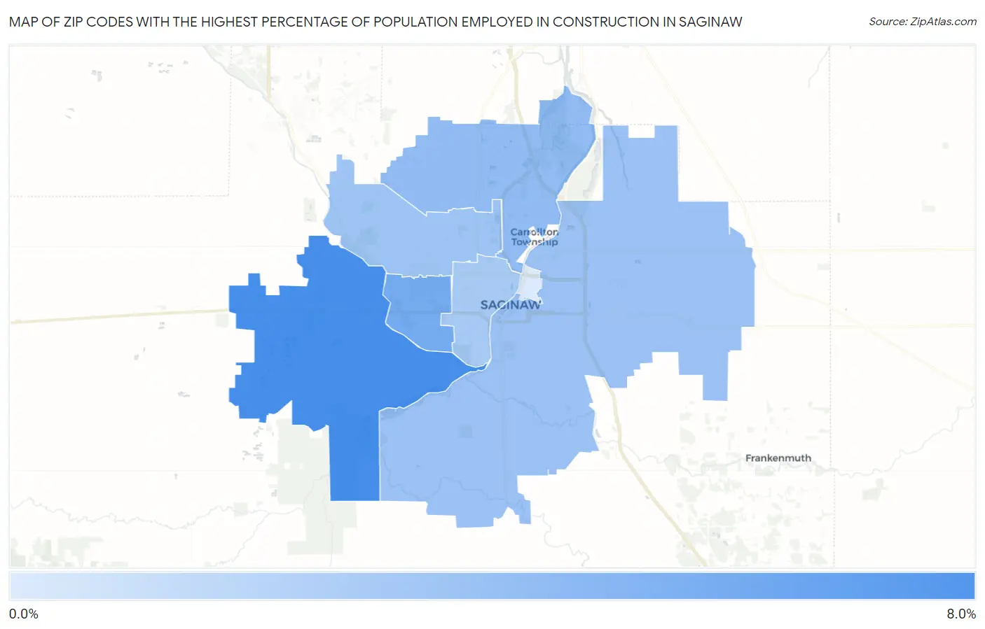 Zip Codes with the Highest Percentage of Population Employed in Construction in Saginaw Map