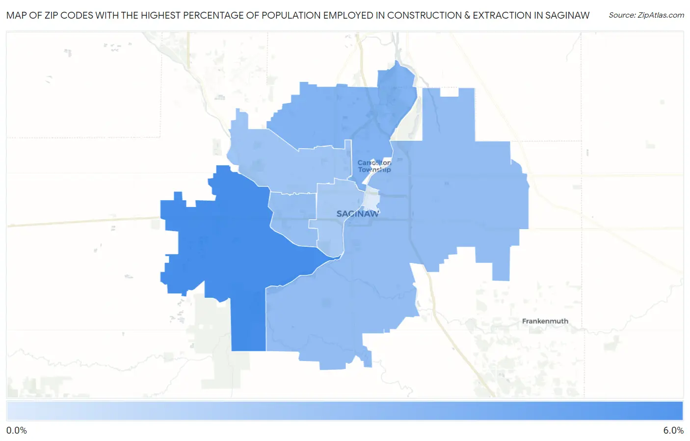 Zip Codes with the Highest Percentage of Population Employed in Construction & Extraction in Saginaw Map