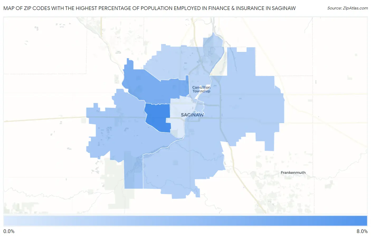 Zip Codes with the Highest Percentage of Population Employed in Finance & Insurance in Saginaw Map
