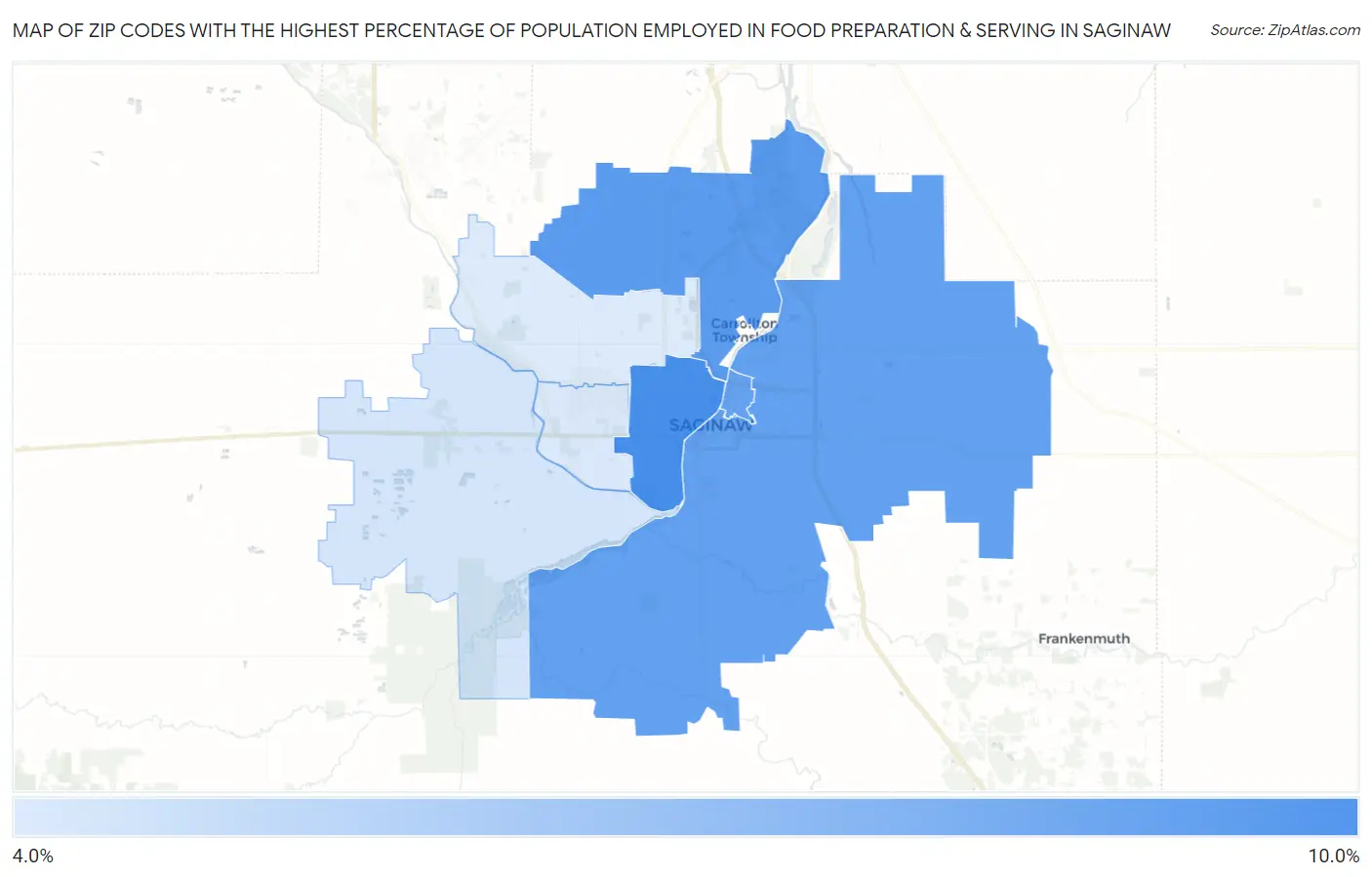 Zip Codes with the Highest Percentage of Population Employed in Food Preparation & Serving in Saginaw Map