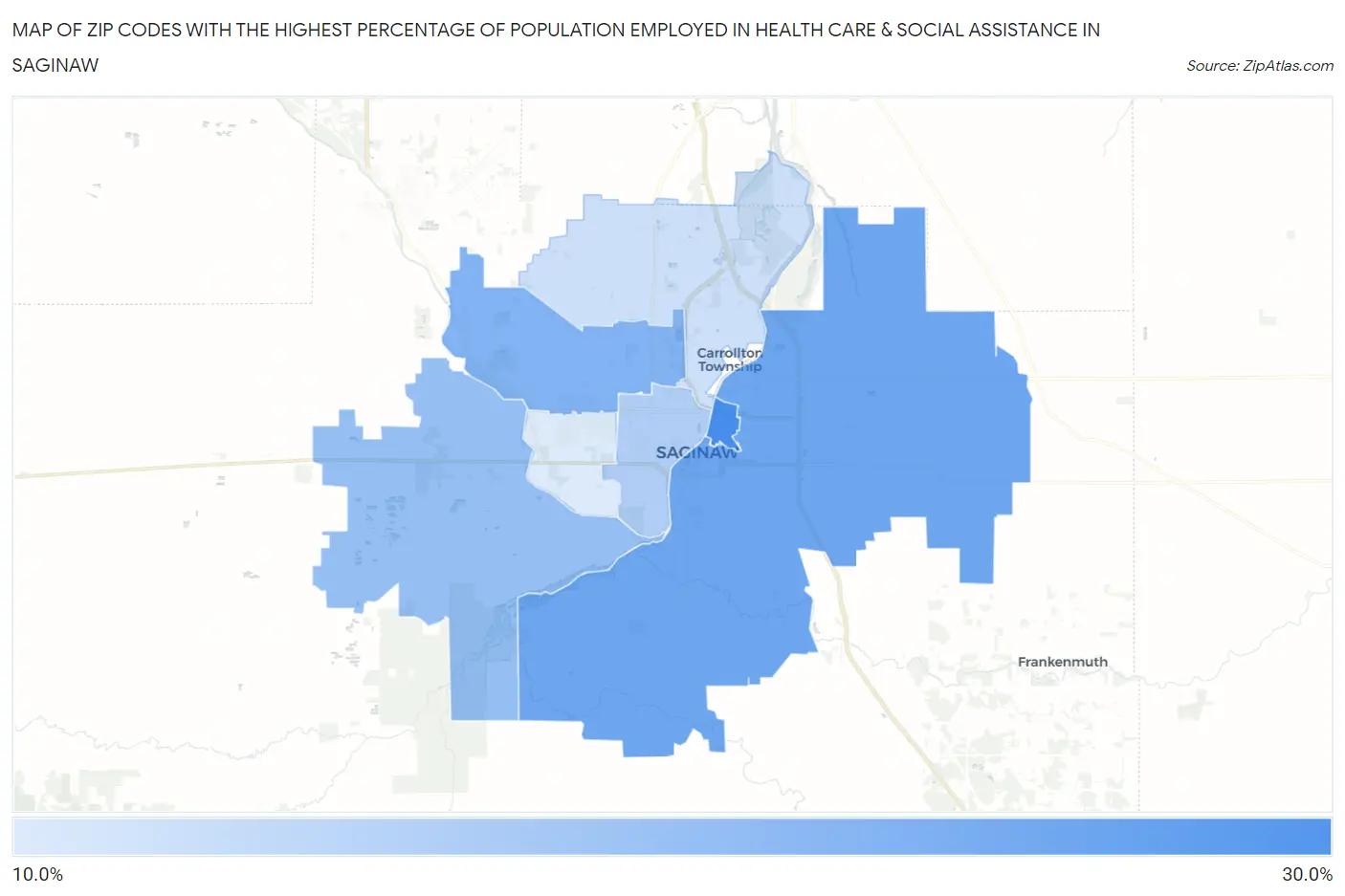Zip Codes with the Highest Percentage of Population Employed in Health Care & Social Assistance in Saginaw Map