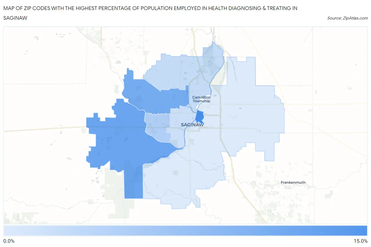 Zip Codes with the Highest Percentage of Population Employed in Health Diagnosing & Treating in Saginaw Map