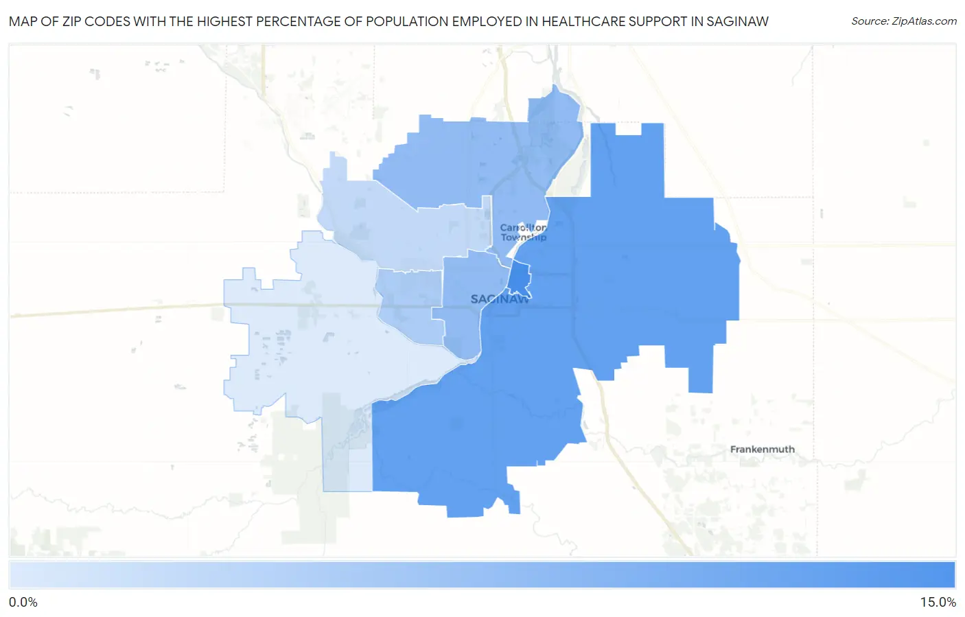 Zip Codes with the Highest Percentage of Population Employed in Healthcare Support in Saginaw Map