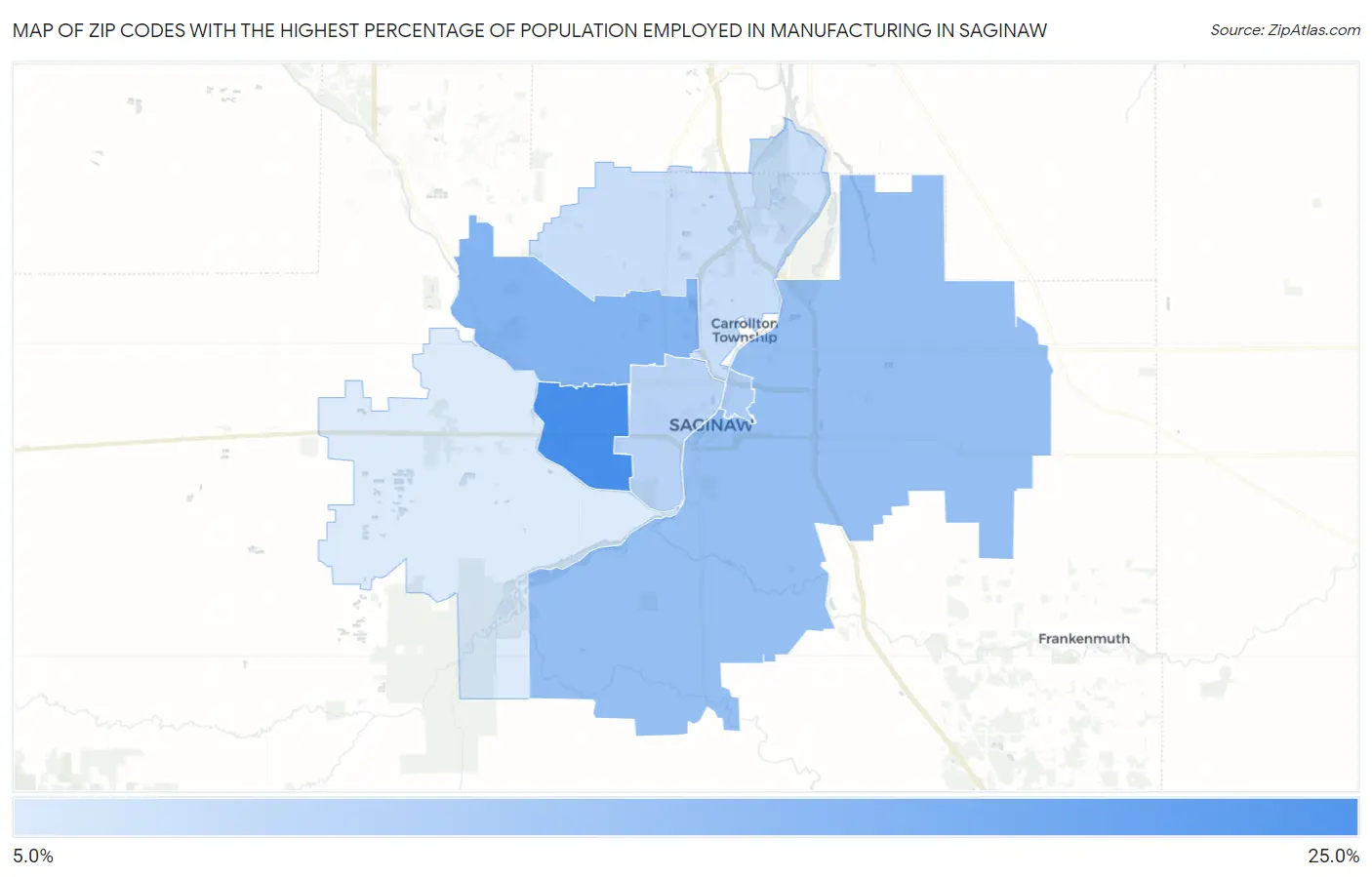 Zip Codes with the Highest Percentage of Population Employed in Manufacturing in Saginaw Map