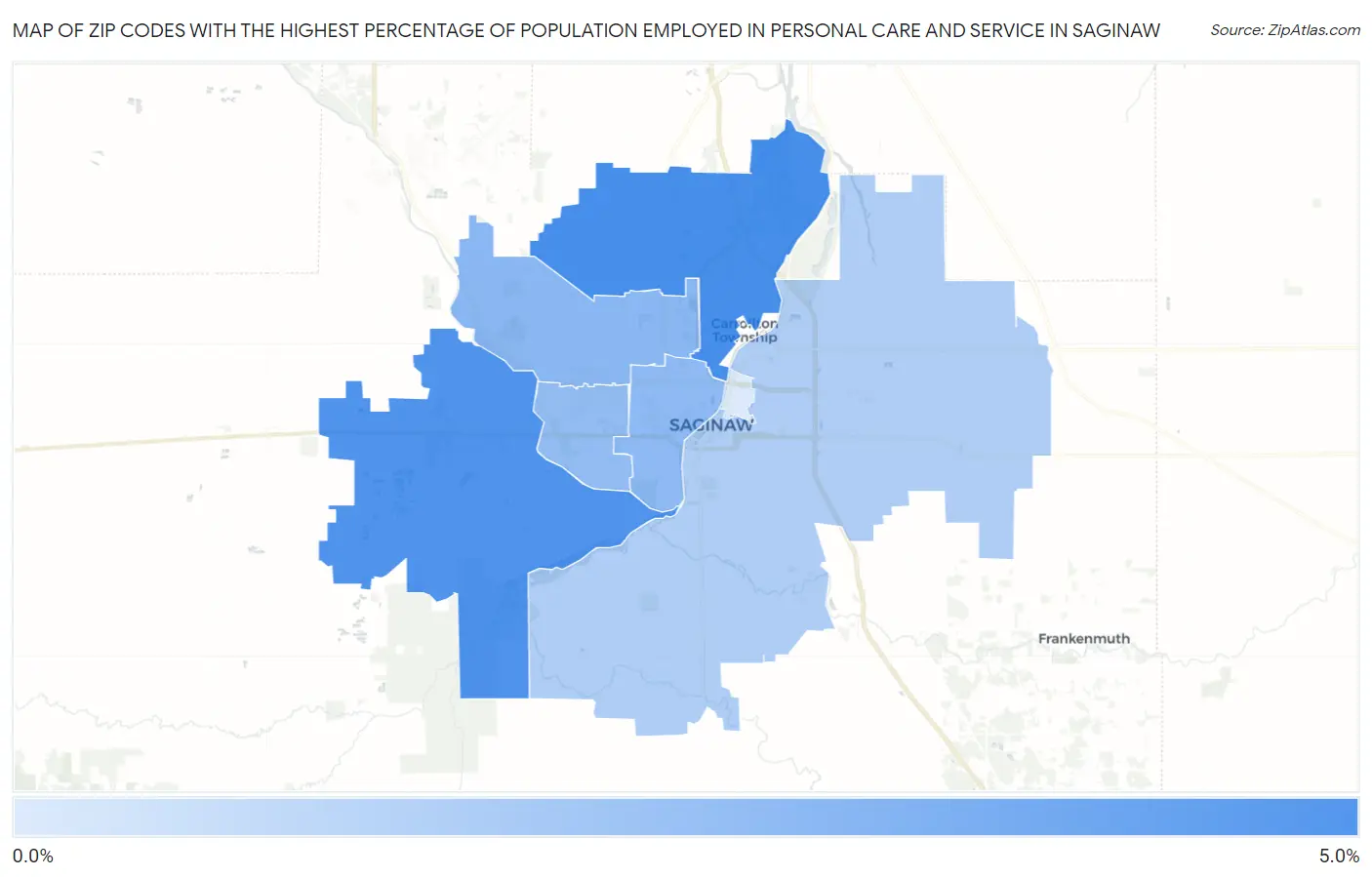 Zip Codes with the Highest Percentage of Population Employed in Personal Care and Service in Saginaw Map