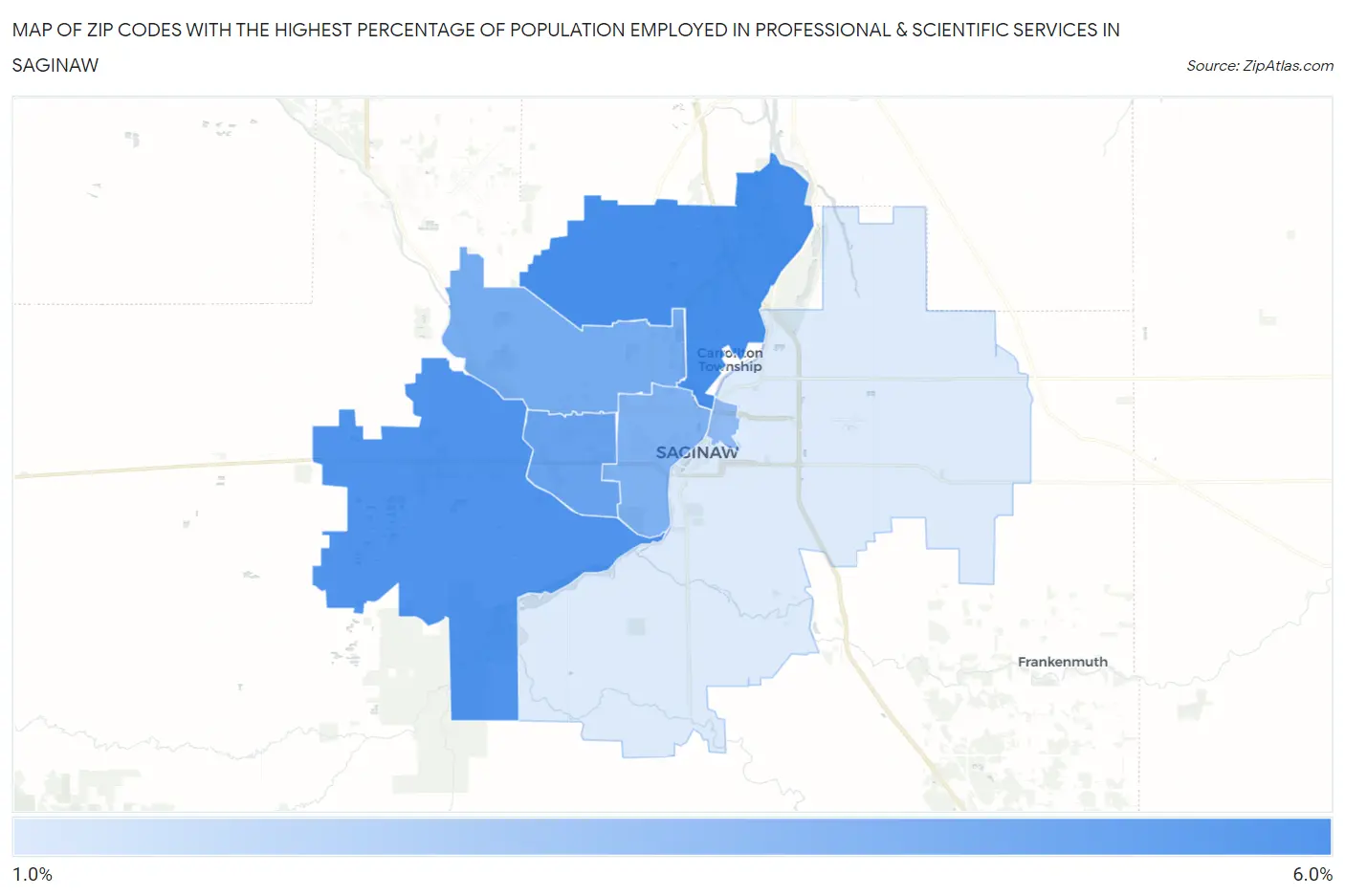 Zip Codes with the Highest Percentage of Population Employed in Professional & Scientific Services in Saginaw Map