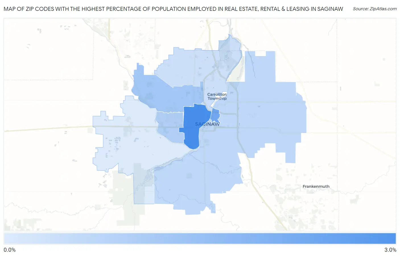 Zip Codes with the Highest Percentage of Population Employed in Real Estate, Rental & Leasing in Saginaw Map