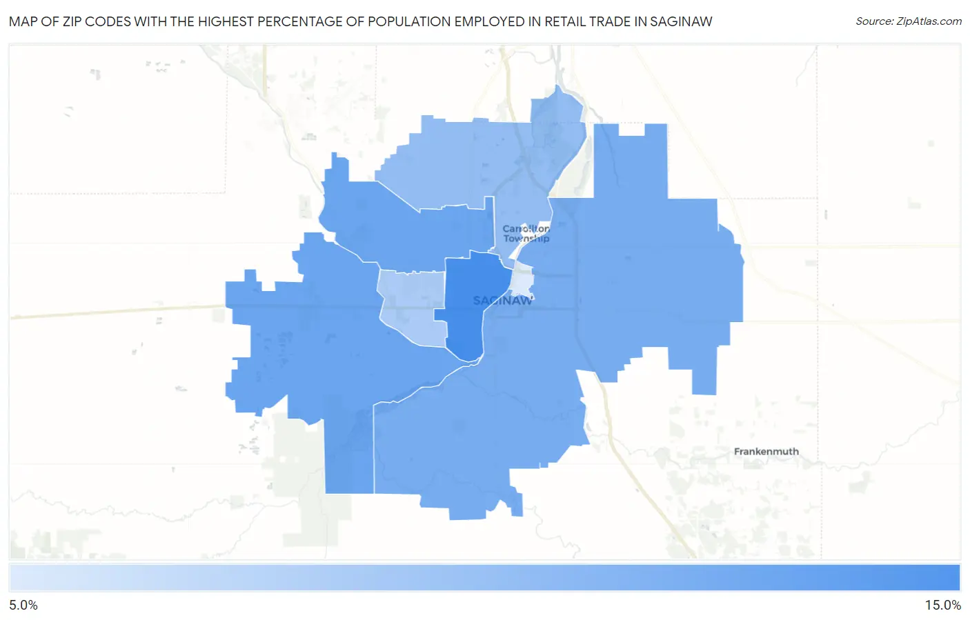 Zip Codes with the Highest Percentage of Population Employed in Retail Trade in Saginaw Map