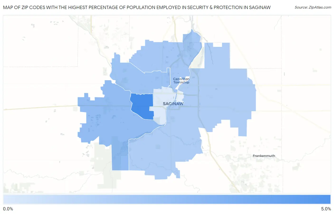 Zip Codes with the Highest Percentage of Population Employed in Security & Protection in Saginaw Map