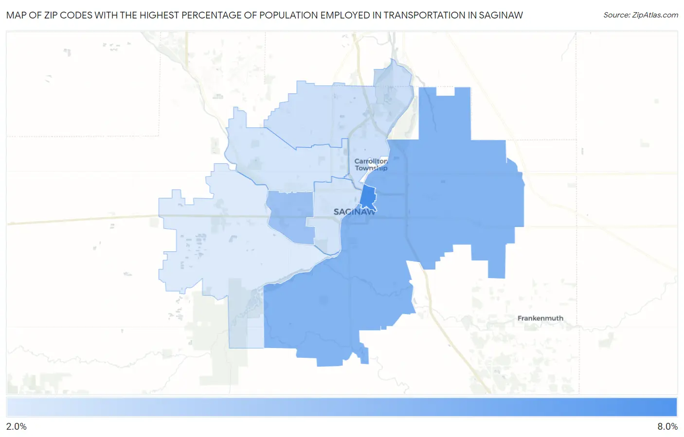 Zip Codes with the Highest Percentage of Population Employed in Transportation in Saginaw Map