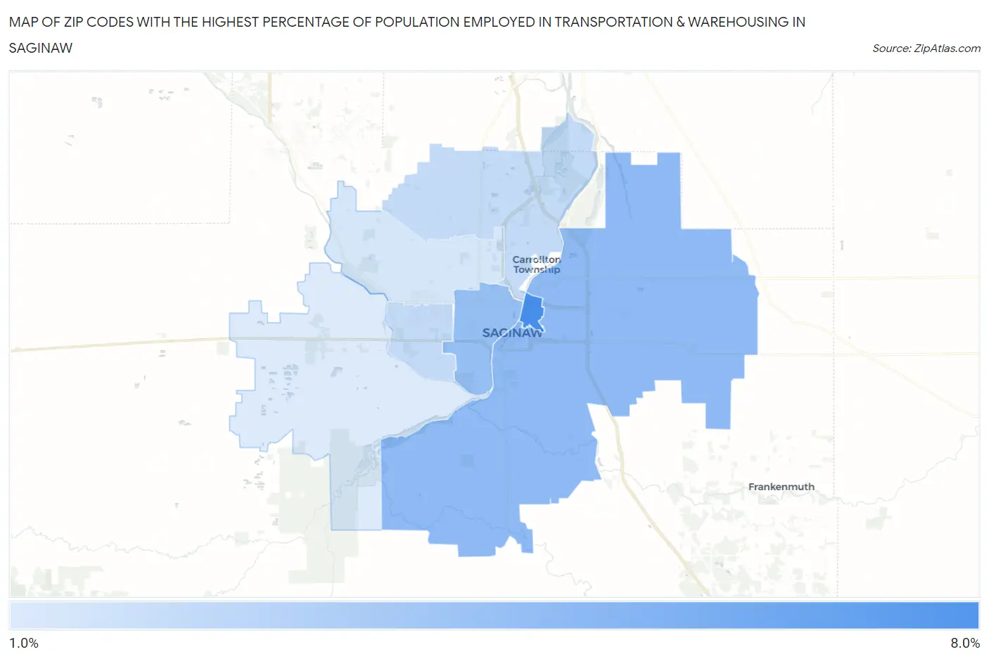 Zip Codes with the Highest Percentage of Population Employed in Transportation & Warehousing in Saginaw Map