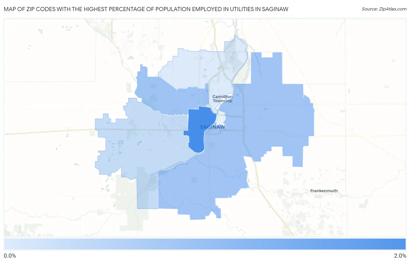 Zip Codes with the Highest Percentage of Population Employed in Utilities in Saginaw Map