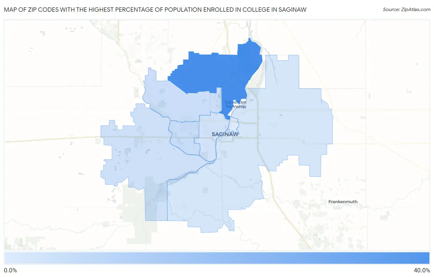 Zip Codes with the Highest Percentage of Population Enrolled in College in Saginaw Map